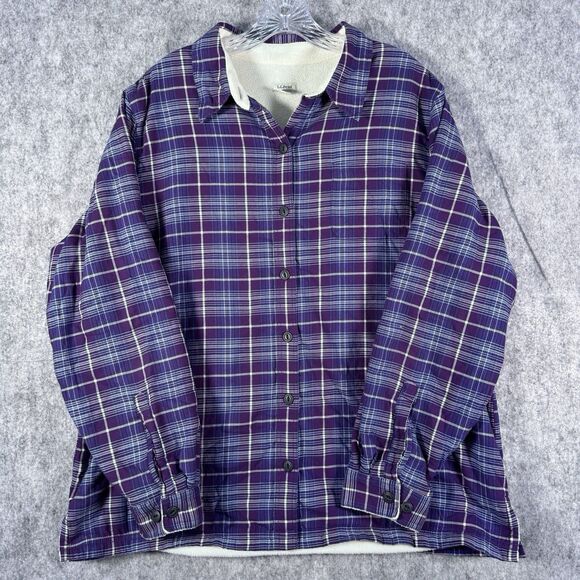 LL Bean Flannel Shirt Womens XL Purple Fleece Lined Long Sleeve Shacket - Picture 2 of 12
